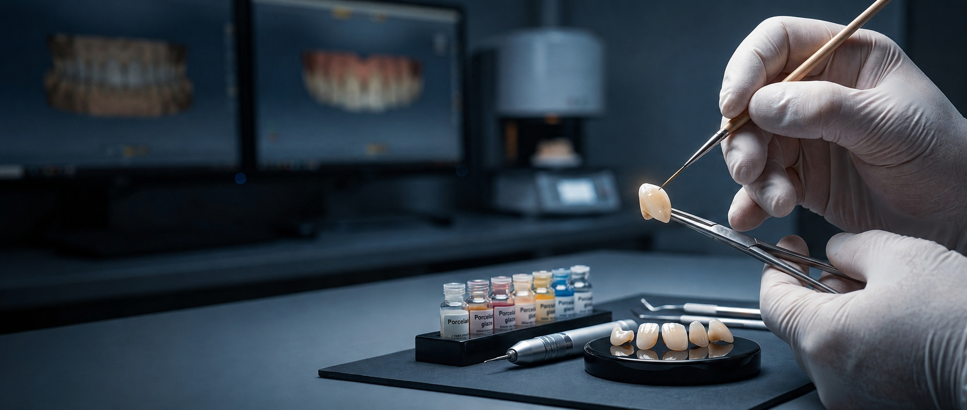 Técnico dental aplicando maquillaje cerámico a una prótesis en el laboratorio Ignacio Costi de Madrid